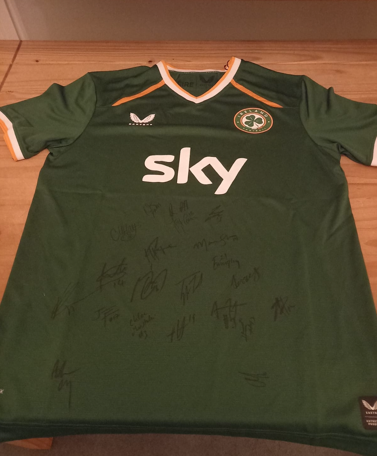 Green Republic of Ireland jersey covered in player signatures