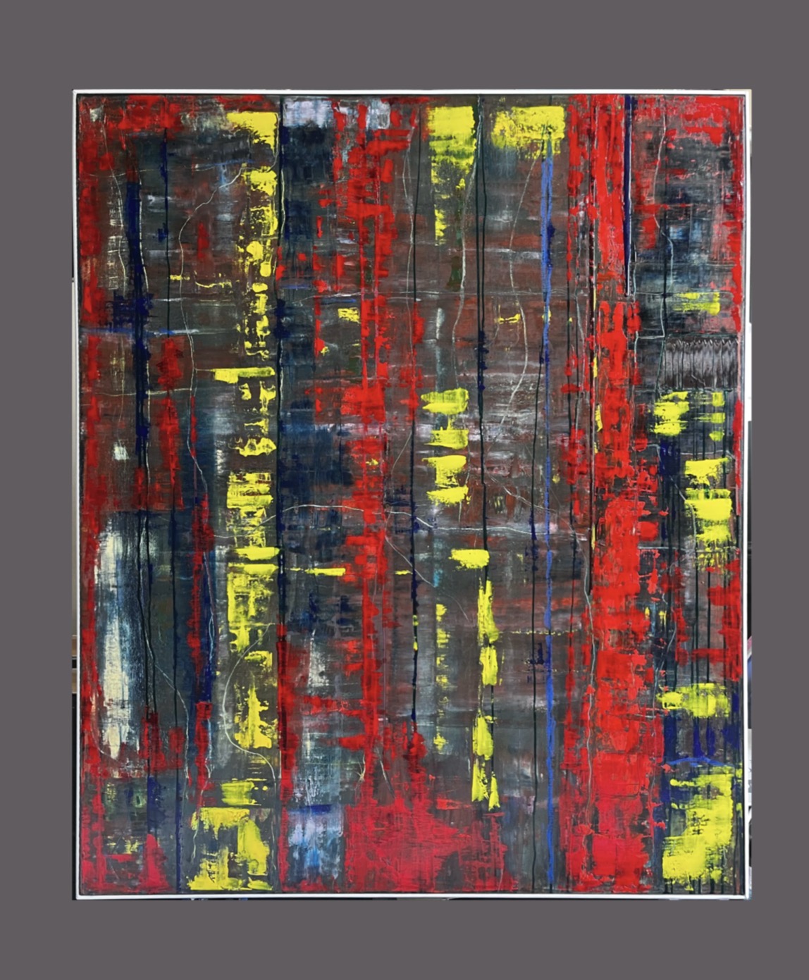 Fractured, an abstract oil painting in red, yellow and dark blue by Sonia Behan