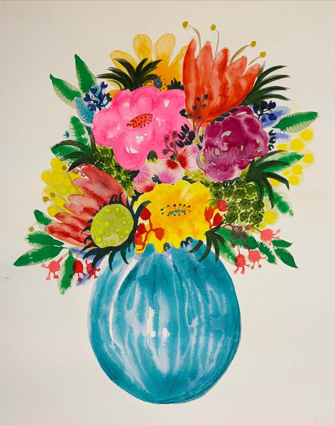 Susá, a colourful painting of a bouquet of flowers in a blue vase by Ruth Hussey
